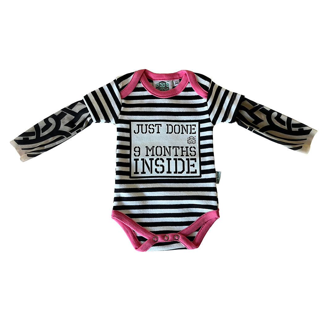 Just Done 9 Months Inside® Baby Tattoo Sleeve Stripy Bodysuit - Funny Baby Gift - Novelty Baby Vest