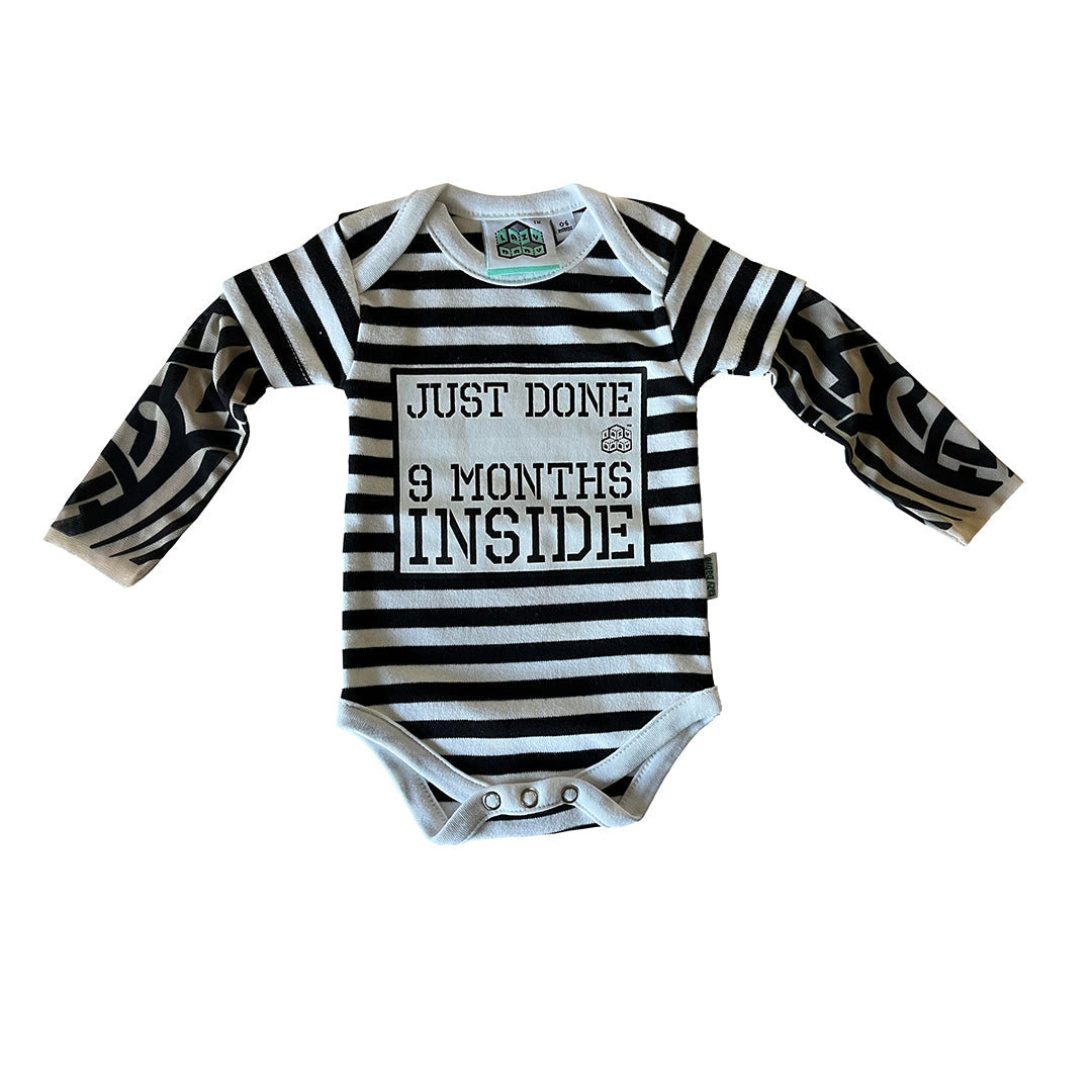 Just Done 9 Months Inside® Baby Tattoo Sleeve Stripy Bodysuit - Funny Baby Gift - Novelty Baby Vest