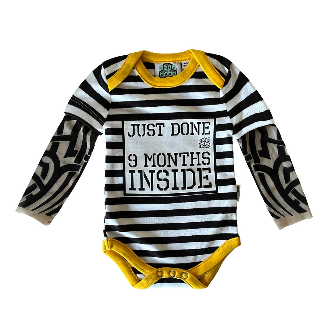 Just Done 9 Months Inside® Baby Tattoo Sleeve Stripy Bodysuit - Funny Baby Gift - Novelty Baby Vest