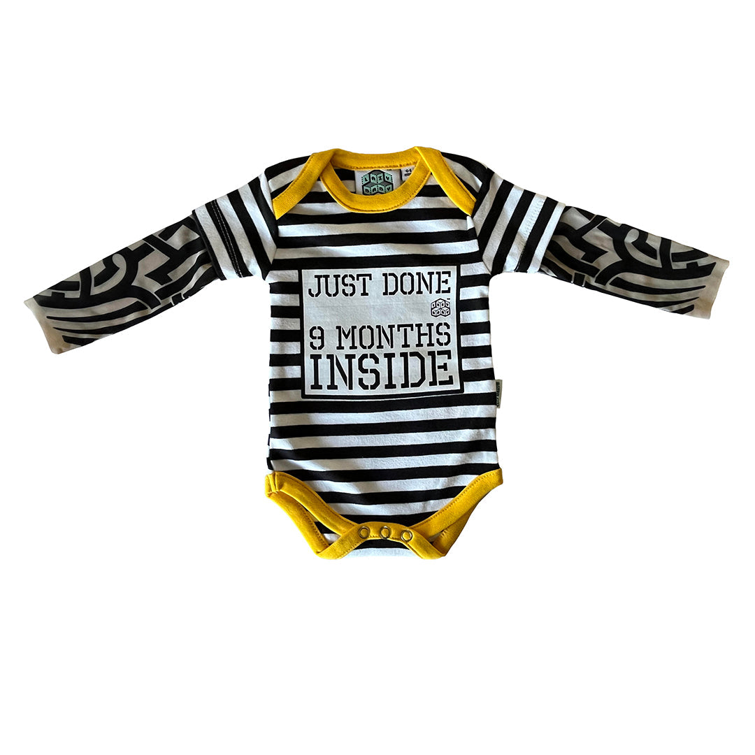 Just Done 9 Months Inside® Baby Tattoo Sleeve Stripy Bodysuit - Funny Baby Gift - Novelty Baby Vest