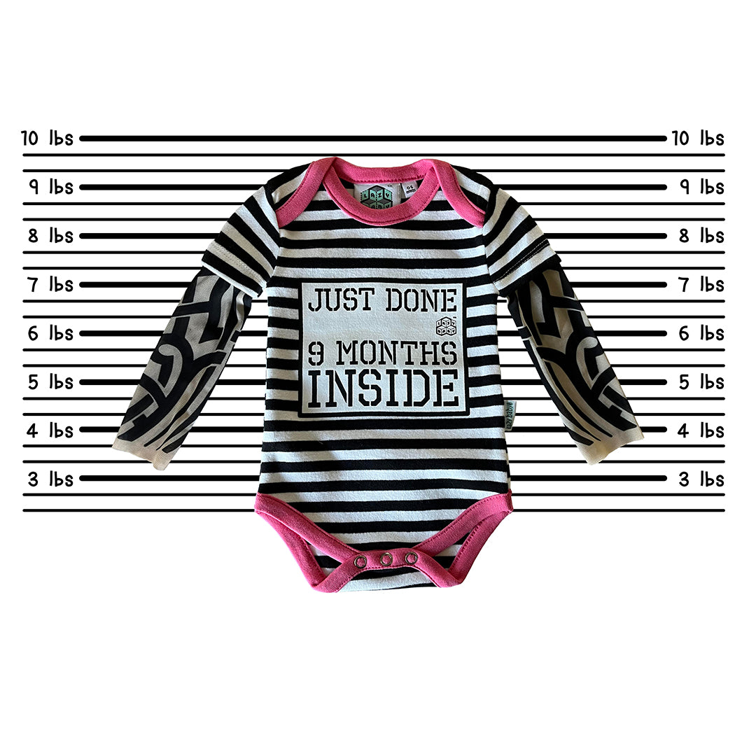 Just Done 9 Months Inside® Baby Tattoo Sleeve Stripy Bodysuit - Funny Baby Gift - Novelty Baby Vest