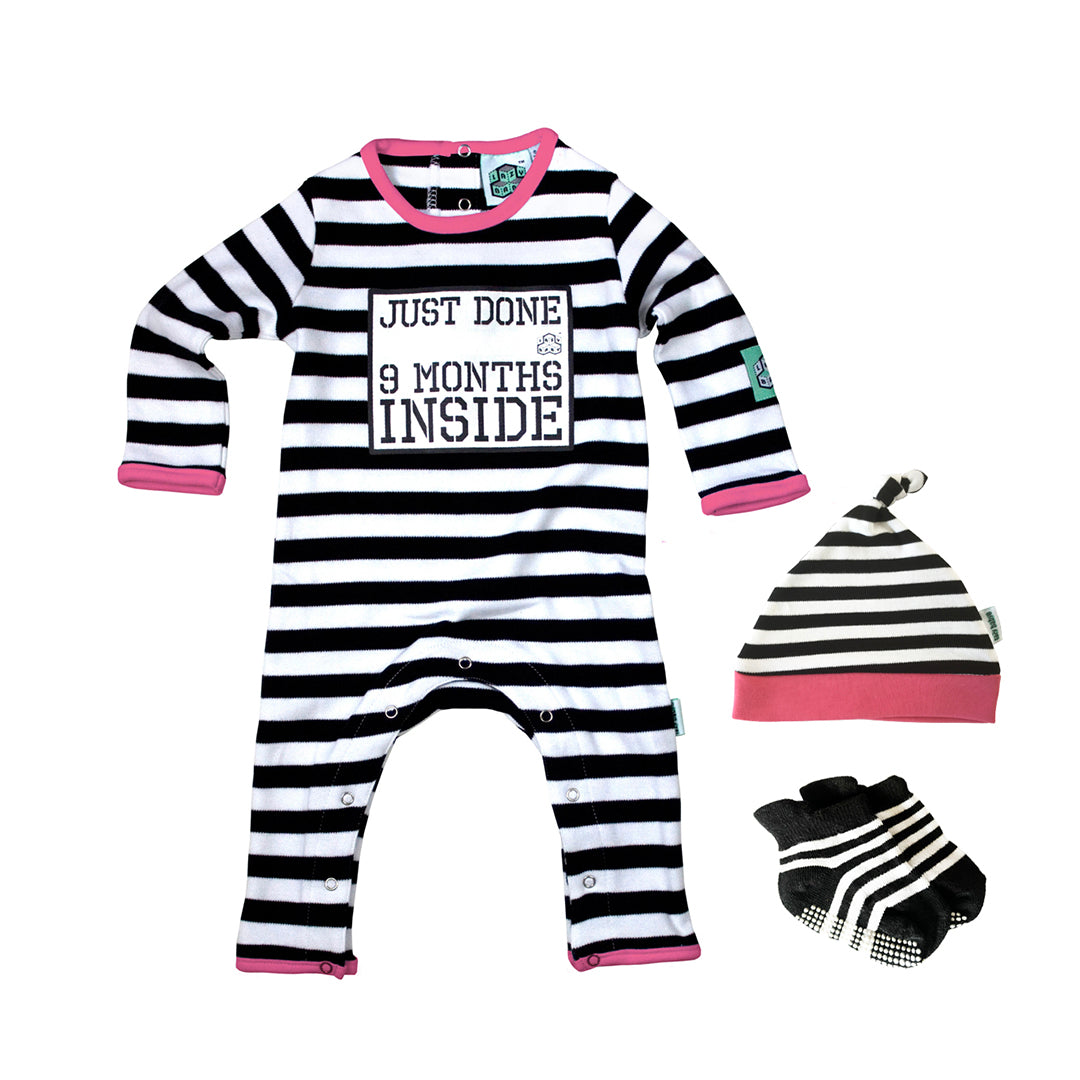 Just Done 9 Months Inside matching outfit of baby grow, hat and socks