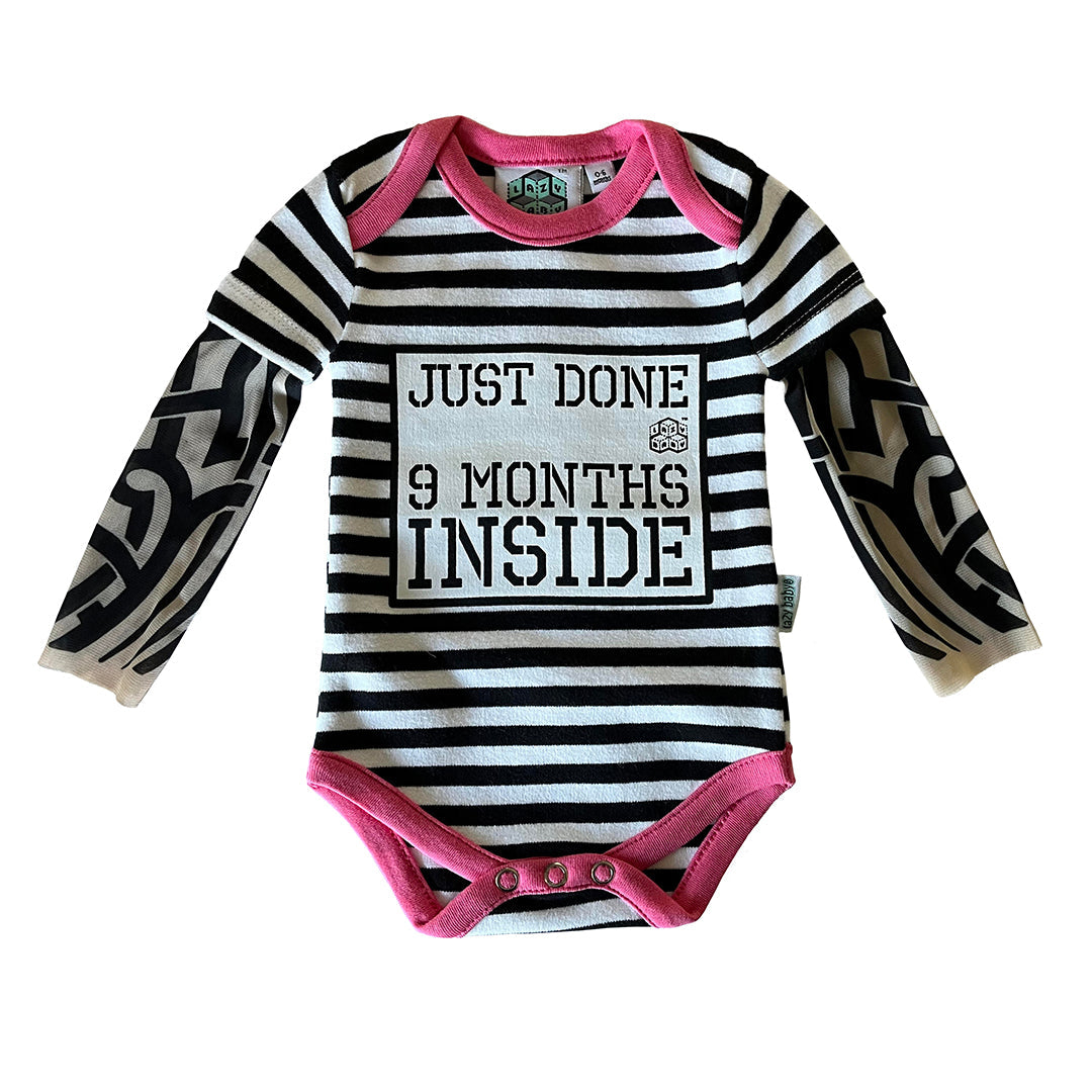 Just Done 9 Months Inside® Baby Tattoo Sleeve Stripy Bodysuit - Funny Baby Gift - Novelty Baby Vest